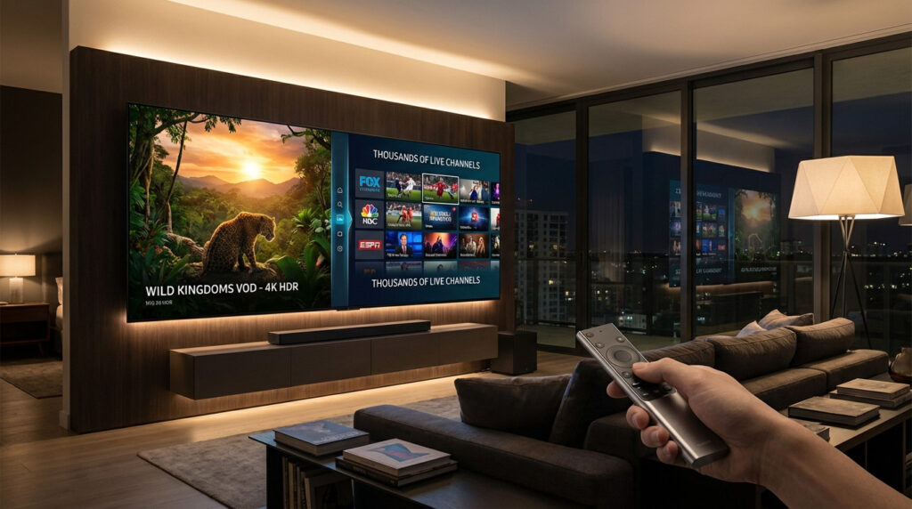 Modern living room at night with a large smart TV showing 4K VOD and live channels. Hand holding remote in foreground.