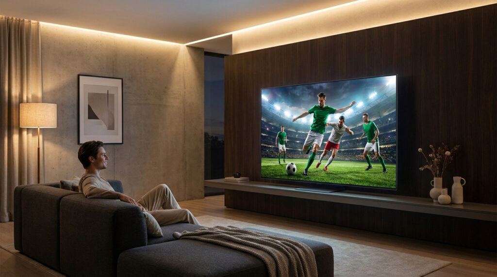 Homme souriant regardant un match de football en 4K sur une grande télévision dans un salon moderne et faiblement éclairé.