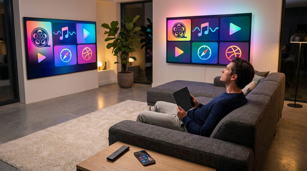 Un homme assis sur un canapé regarde des applications de streaming colorées sur deux grands écrans muraux.